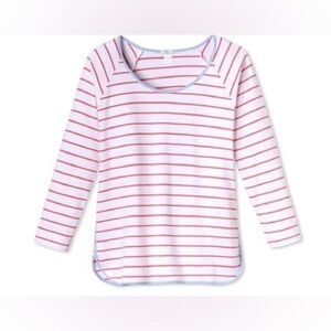 LAKE Pajamas Pima Long Sleeve Scoop Neck Top In Ruby Breton Stripe